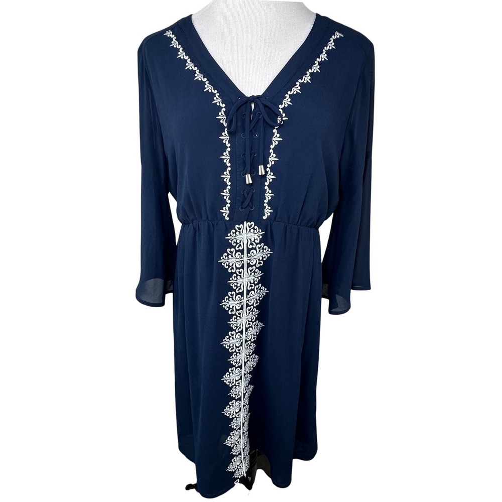 Ariat Rachel Dress Navy Blue Embroidered Lace Up V-Neck Long Sleeve XL NEW